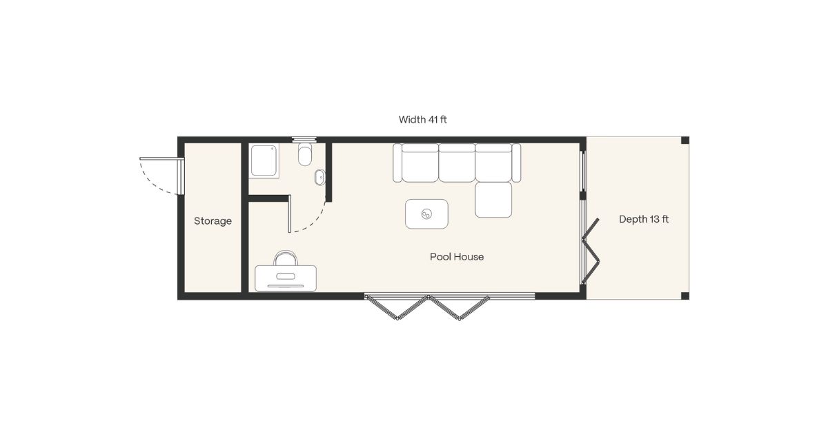 Accessory dwelling unit floor plan with bedroom and open-concept living area