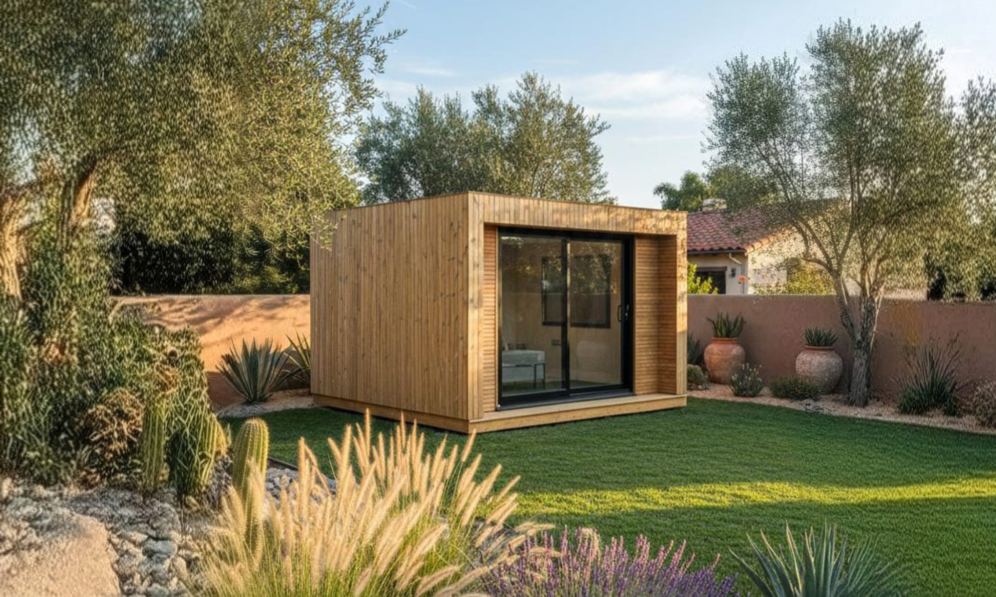 Modern backyard office pod in a lush Austin garden