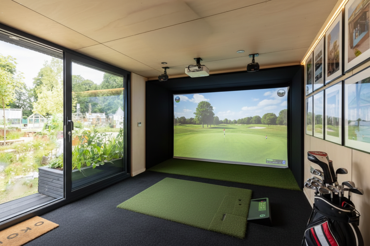 Luxury indoor golf simulator studio with birch plywood walls, herringbone wood flooring, and Eames-style lounge chair.