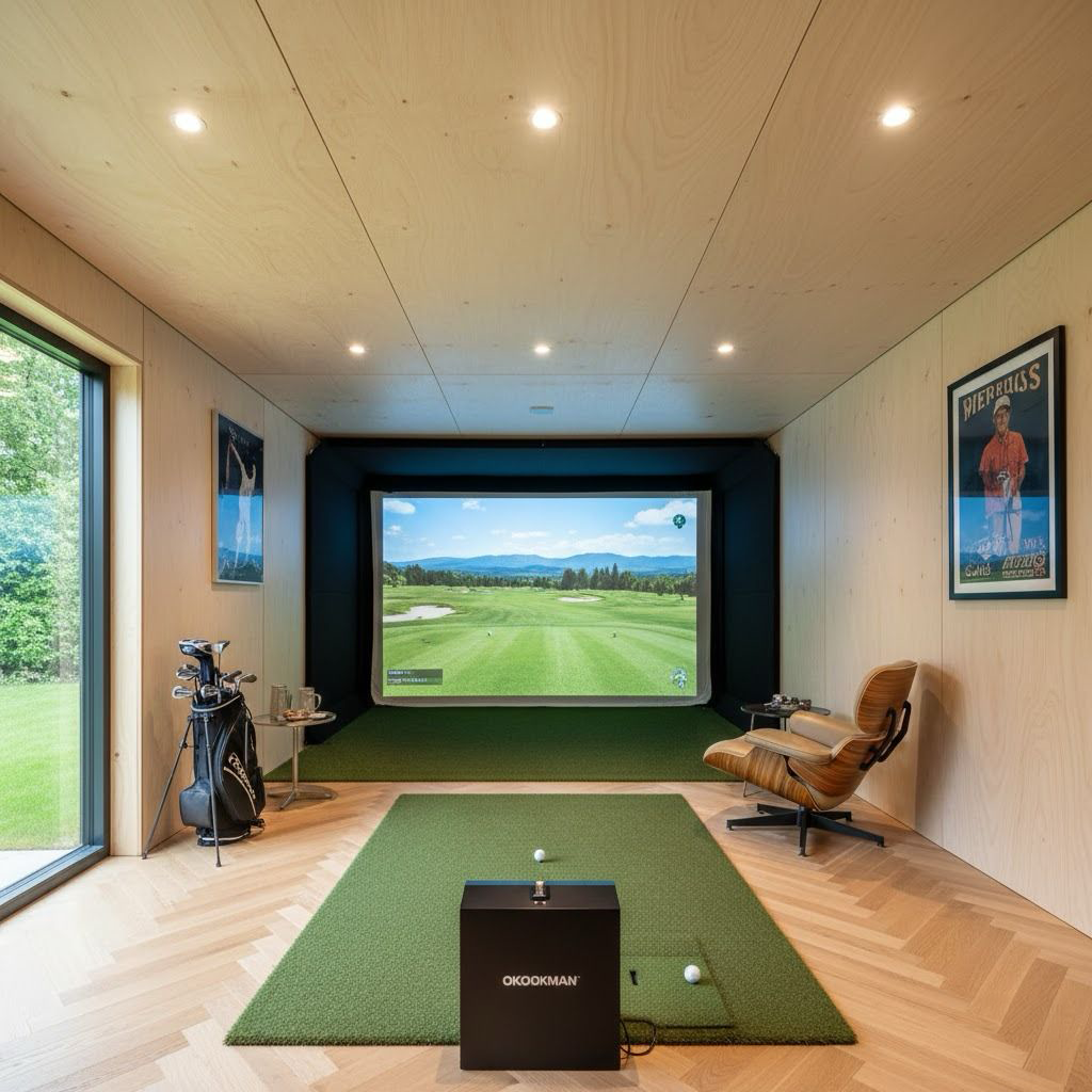 Luxury indoor golf simulator studio inside a wood-paneled garden room with herringbone flooring, Eames-style chair, and professional launch monitor.