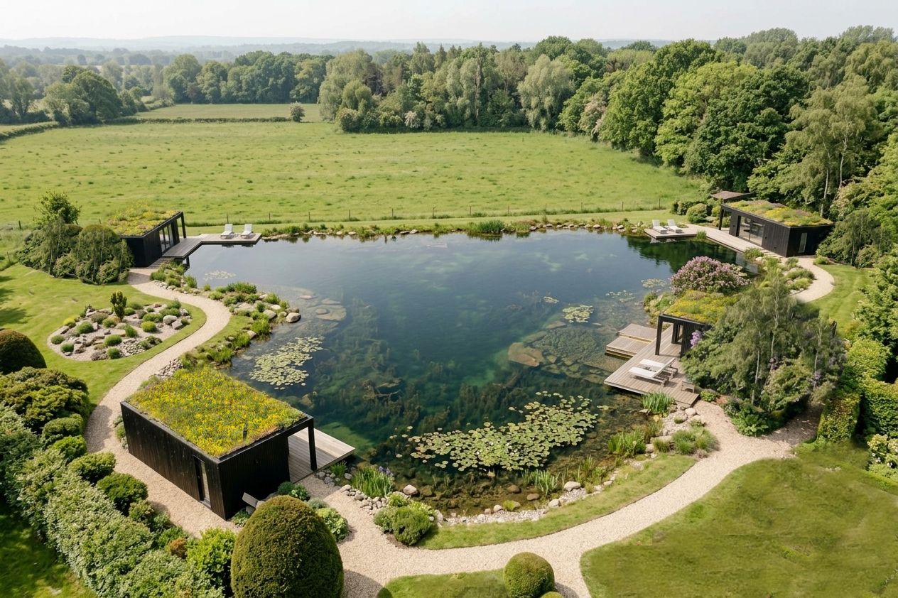 modern retreat cabins around a natural swimming pond demonstrating how to build cabins for airbnb or retreat accommodation on your land