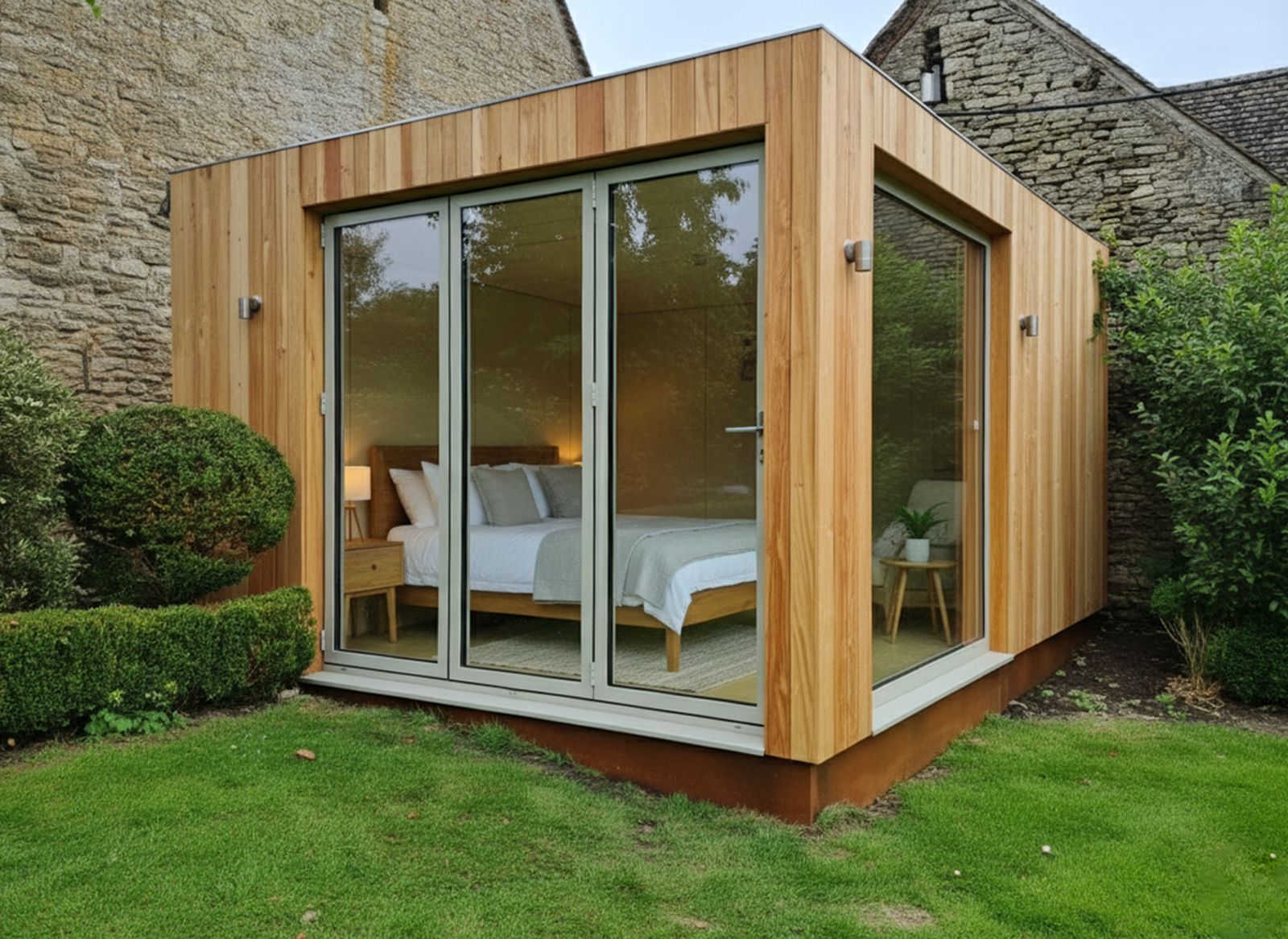 Exterior view of a modern wooden cabin serving as a bedroom, ideal for Airbnb or retreat accommodation on your land. Large bifold glass doors and a corner window offer bright views into the cozy interior with a bed and armchair, surrounded by a green lawn and stone wall.