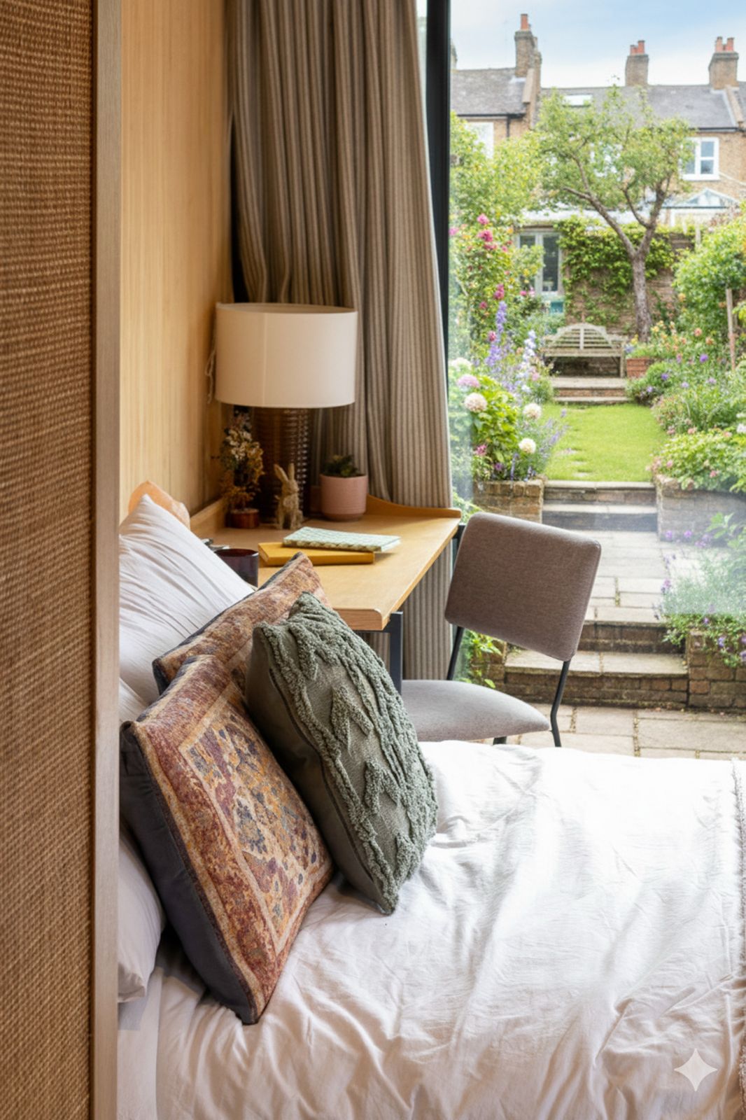 Detail of a functional bedroom setup in a rental cabin, showcasing a comfortable bed and an integrated workspace with a serene garden backdrop. This design is excellent for how to build cabins for Airbnb or retreat accommodation on your land catering to both leisure and productivity.