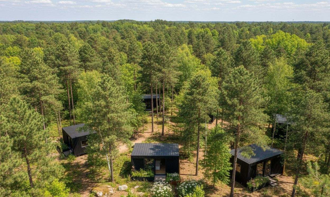 Aerial view of several modern black cabins nestled amongst a dense forest, showcasing an ideal setup for Airbnb or retreat accommodation on your land. The cabins blend seamlessly with the natural environment, offering a tranquil escape.