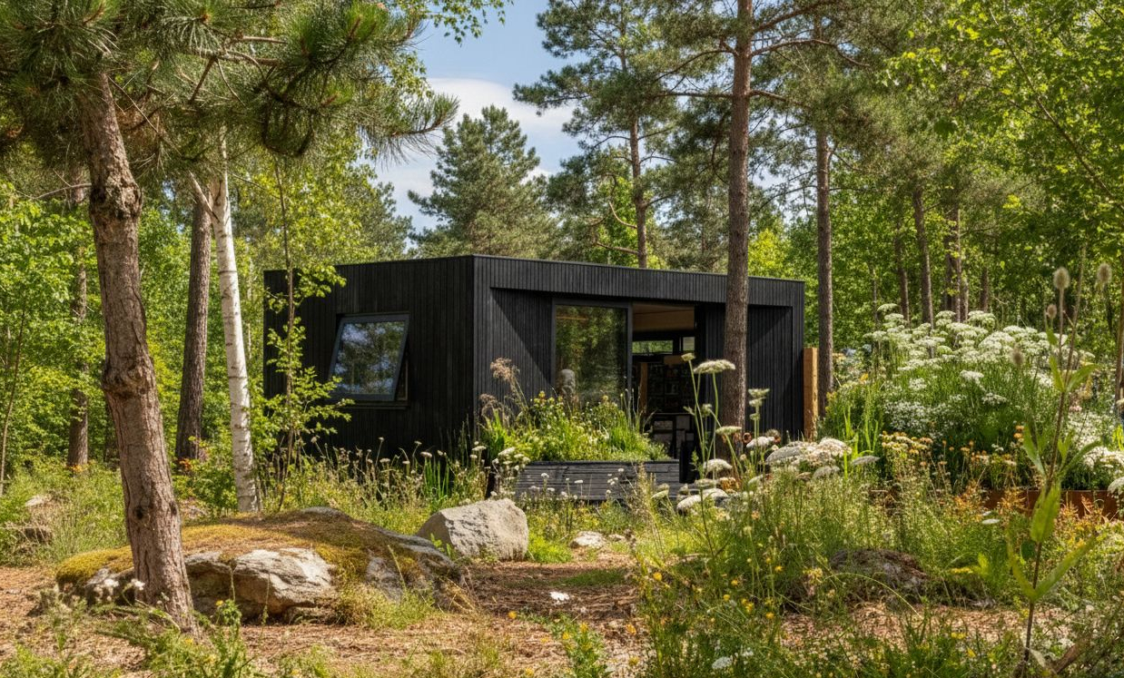 Exterior view of a modern black cabin set amongst trees and wild flowers in a forest, an ideal example for Airbnb or retreat accommodation on your land. The minimalist design blends seamlessly with the natural surroundings, offering a peaceful escape.