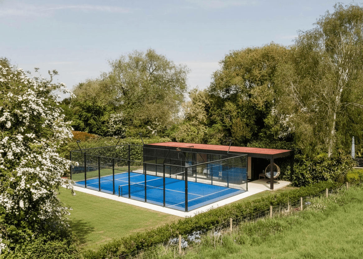 A high-end padel club amenity pod with a minimalist Scandinavian design, providing a sheltered viewing area or player lounge beside the courts.