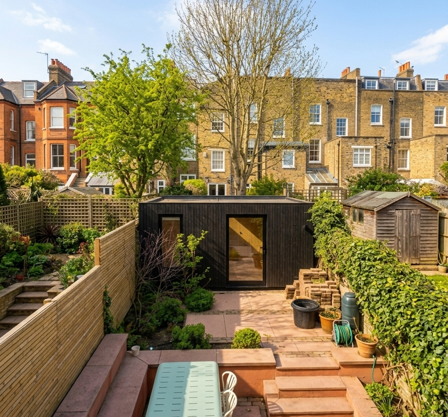 Wide exterior shot of a modern contemporary backyard office pod on a stone patio, showcasing a premium detached backyard office design.