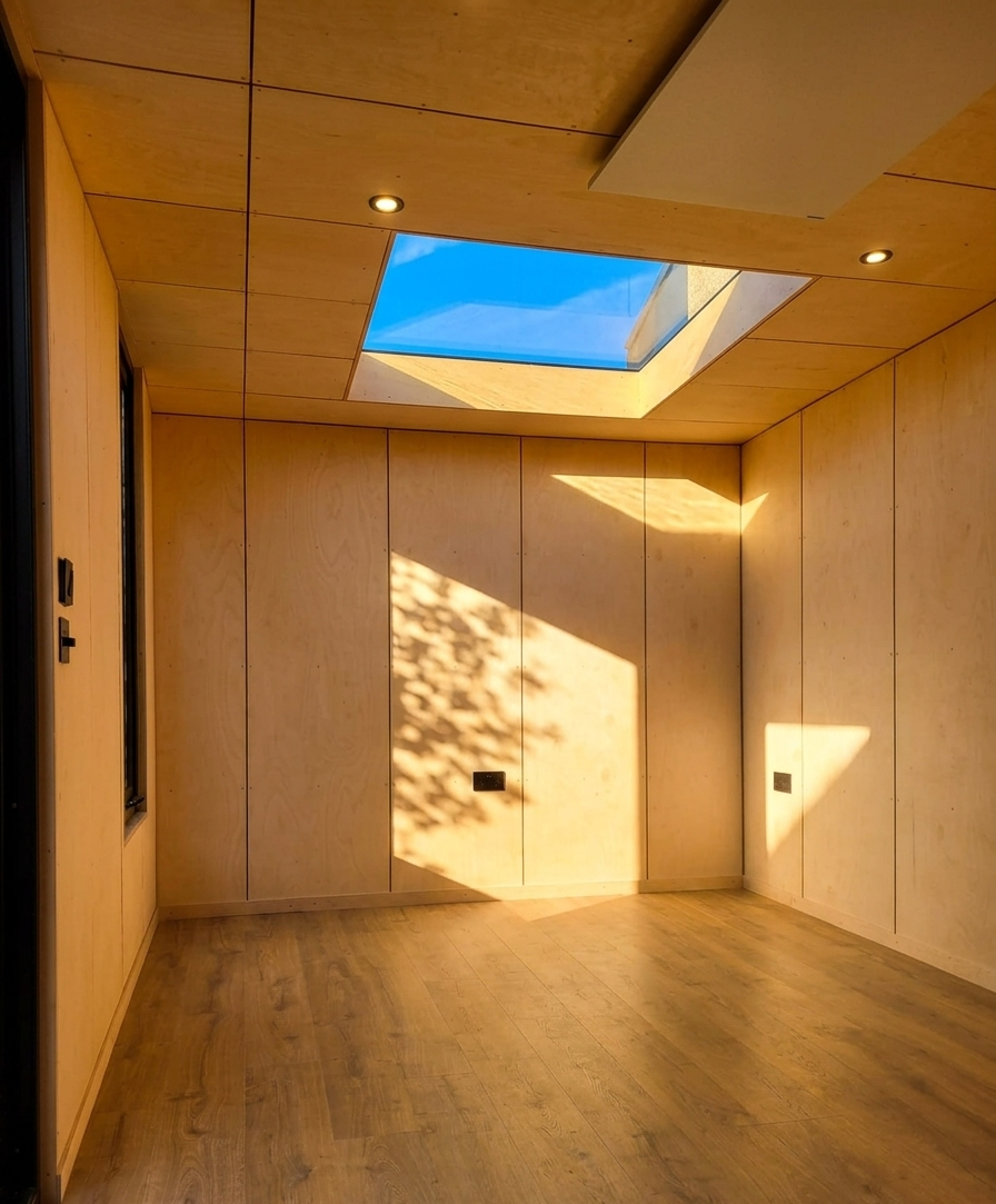 office-pod-windows Front elevation of a luxury London backyard office pod, showcasing its expansive windows that maximize natural light on a city lot.