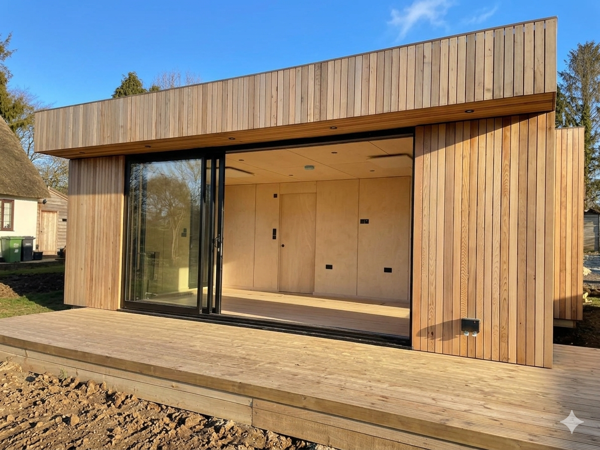 Full exterior view of a luxury garden annex pod on a stone patio, showcasing premium standalone backyard architecture.
