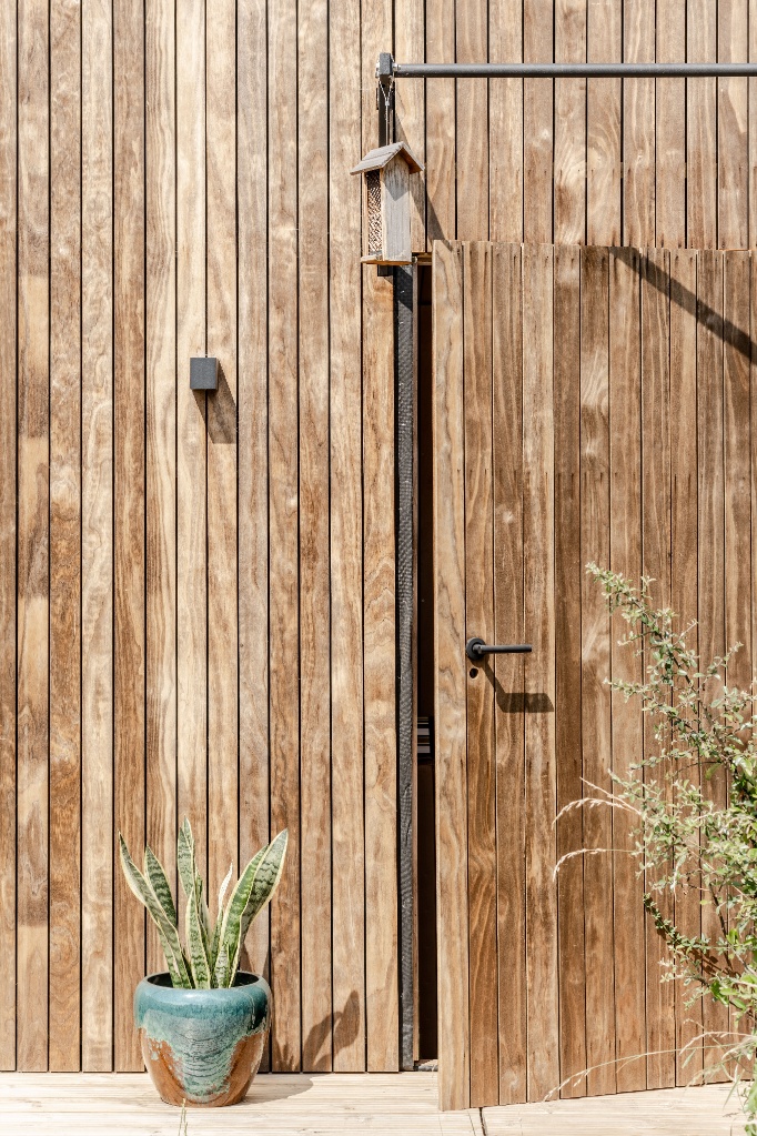 An integrated, flush exterior door built seamlessly into vertical wood siding, demonstrating the high-end finish possible with the best backyard room cladding.