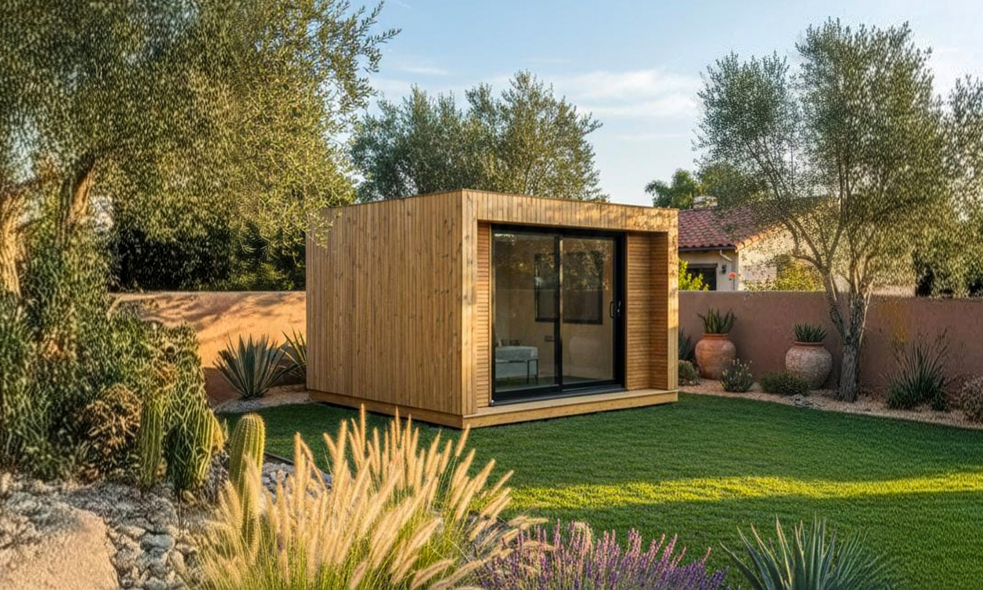 A turnkey detached backyard office surrounded by landscaping, built within the maximum allowable height restrictions of a Colorado backyard office permit.