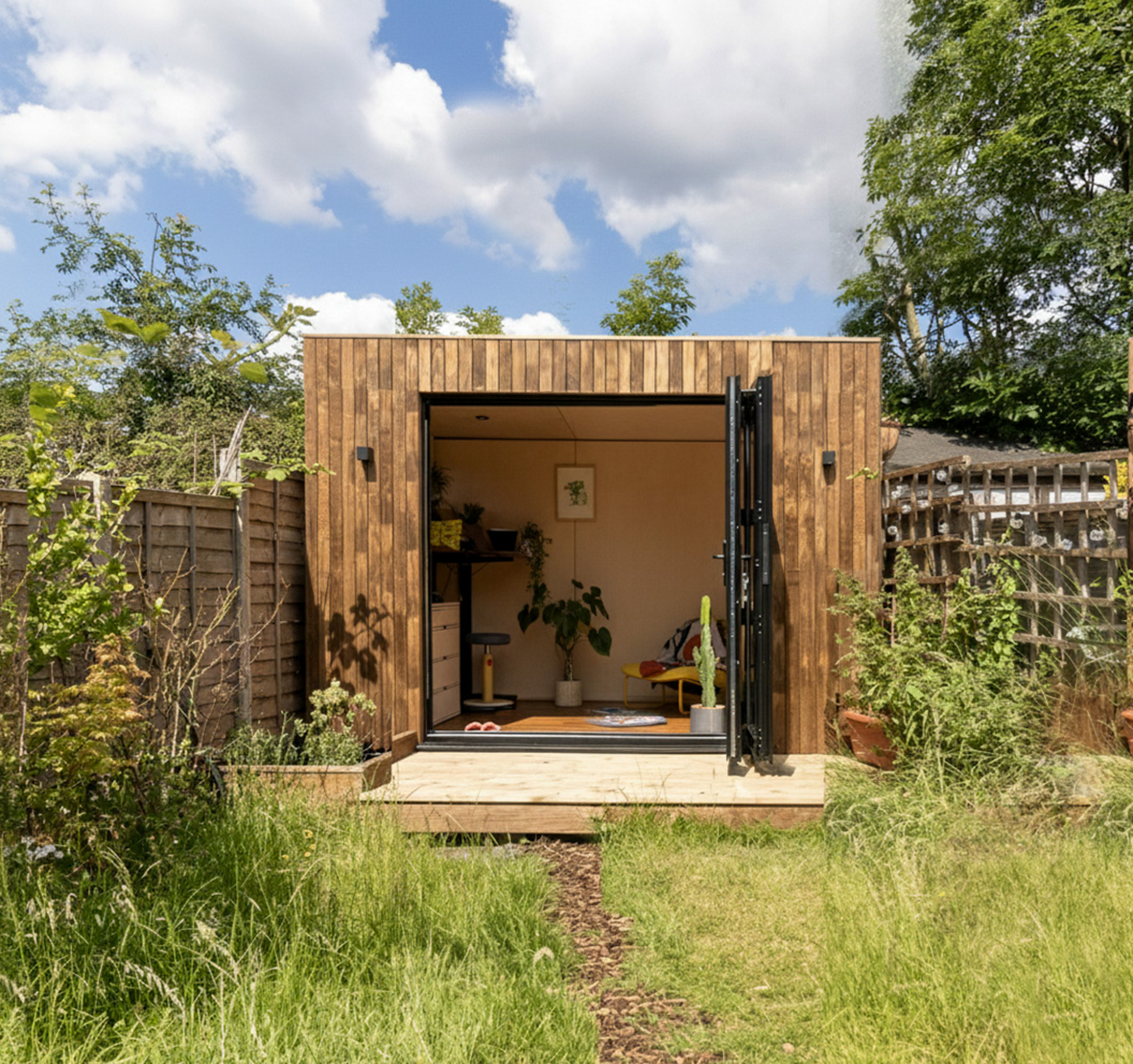 A customized wood-paneled home workspace with open bifold doors, sized intentionally to simplify or bypass the standard Colorado backyard office permit process.