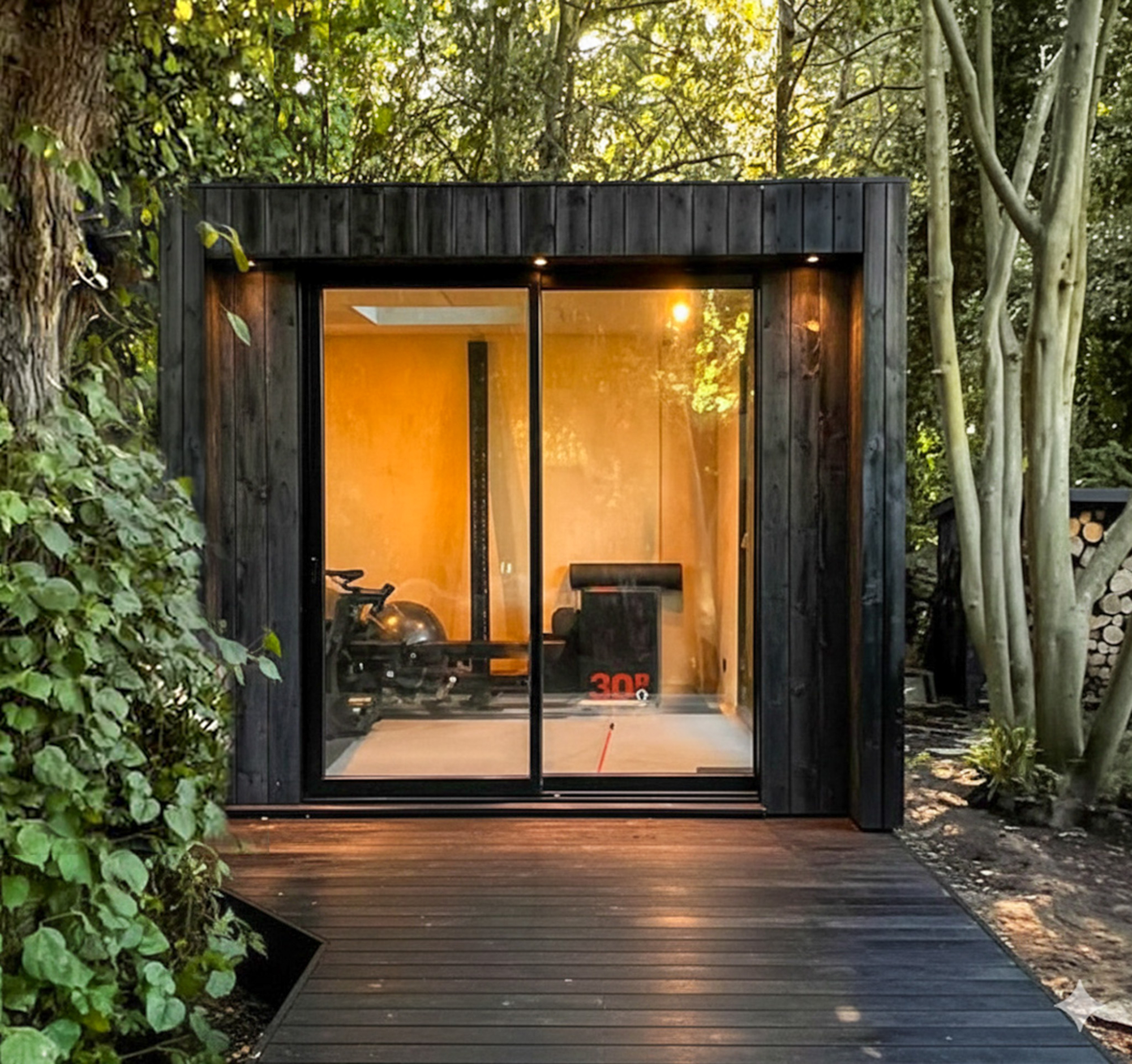 A modern detached studio with a dark timber facade, built within typical square-footage limits to simplify the Colorado backyard office permit process.