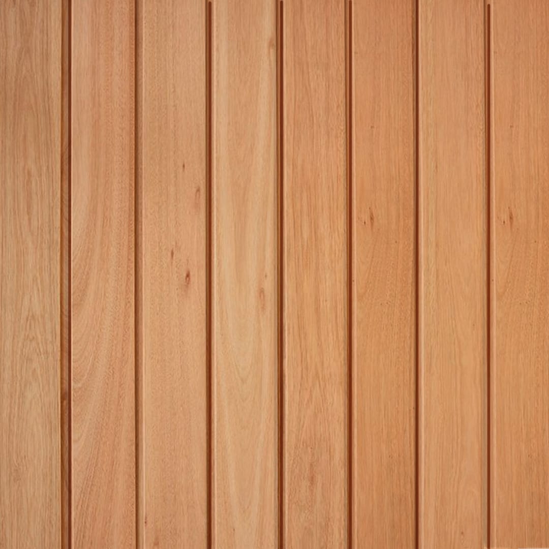 A uniform, knot-free profile sample of premium Red Grandis hardwood siding, ideal for those seeking the best backyard room cladding with clean lines.