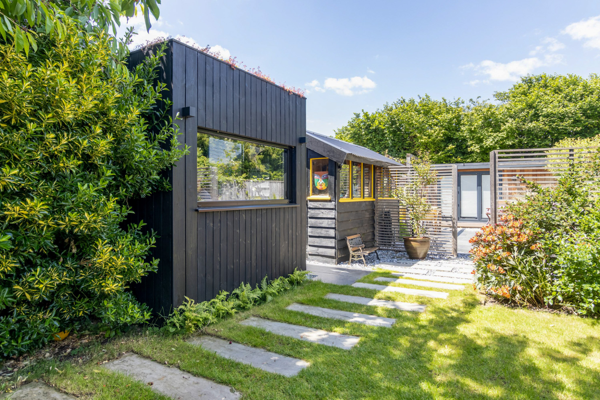 A contemporary black siding studio featuring a green living roof, showcasing an eco-friendly home office design ready for a Colorado backyard office permit.