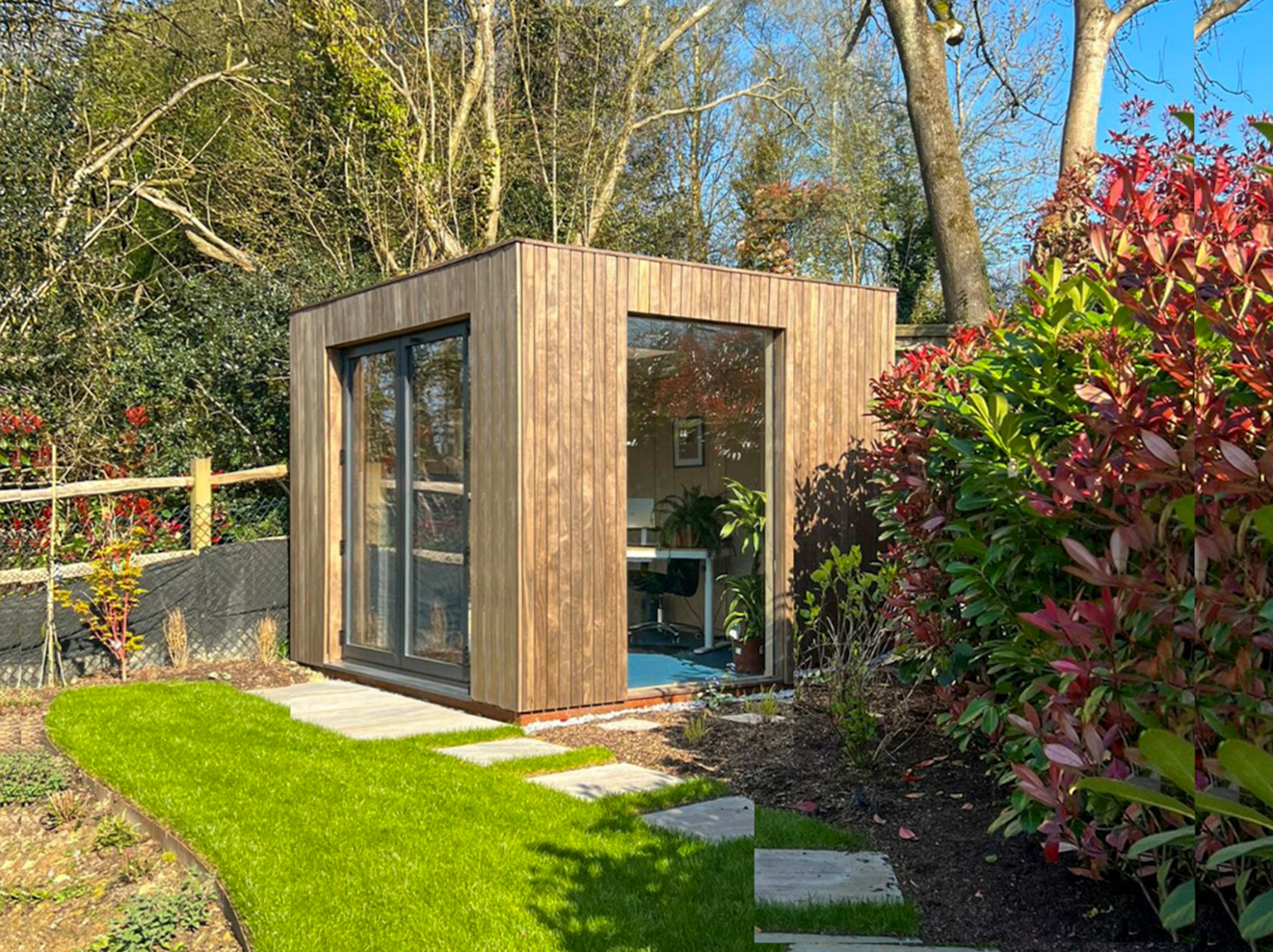 Side profile of a luxury backyard accessory structure, styled to seamlessly comply with local zoning standards for a Colorado backyard office permit.