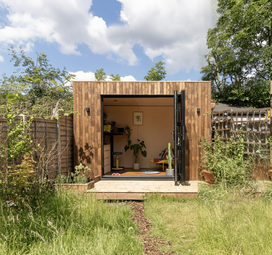 A rustic, wood-paneled small backyard office with bifold doors open to a natural, grassy outdoor setting.